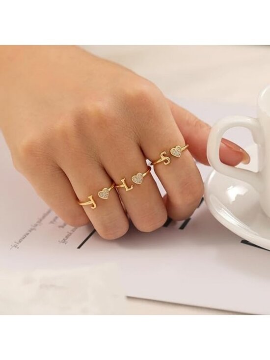 JackAni-10k-Multi-Tone-Gold-  Letter K Gold Heart Initial Ring Silver Rose Gold Plated Ring